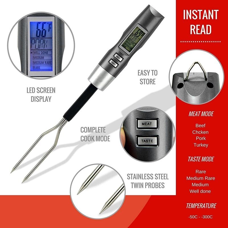 Cukokit Stainless Steel BBQ Fork Thermometer Digital Meat Food Thermometer